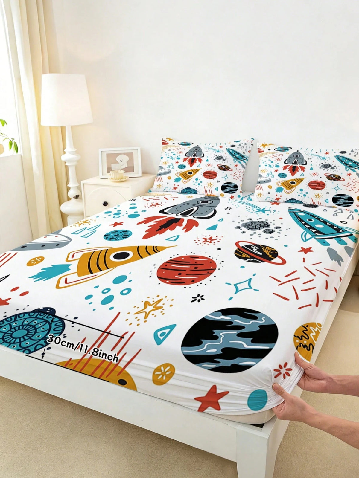 2/3PCS Outer Space Adventure Kids Bedding Set, Cute Rocket & UFO Pattern Fitted Sheet With 30cm Deep Pocket & Matching Pillowcases( Twin/Full/Queen Sizes)