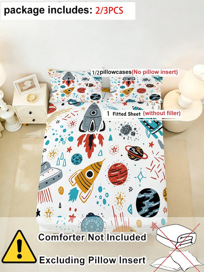 2/3PCS Outer Space Adventure Kids Bedding Set, Cute Rocket & UFO Pattern Fitted Sheet With 30cm Deep Pocket & Matching Pillowcases( Twin/Full/Queen Sizes)