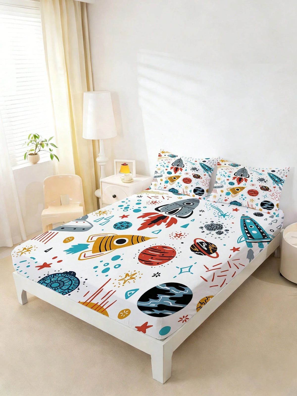 2/3PCS Outer Space Adventure Kids Bedding Set, Cute Rocket & UFO Pattern Fitted Sheet With 30cm Deep Pocket & Matching Pillowcases( Twin/Full/Queen Sizes)