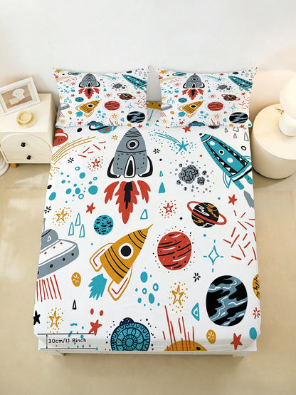 2/3PCS Outer Space Adventure Kids Bedding Set, Cute Rocket & UFO Pattern Fitted Sheet With 30cm Deep Pocket & Matching Pillowcases( Twin/Full/Queen Sizes)