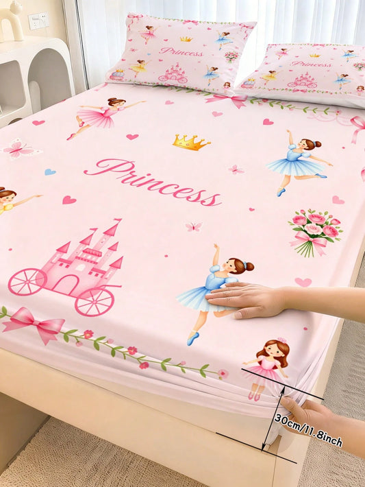 2/3PCS Pink Princess Ballerina Fitted Sheet Set, Castle Crown Print Bedding, Deep Pocket Bed Cover With Pillowcases For Children, Teenagers, Adults, Girls Bedroom