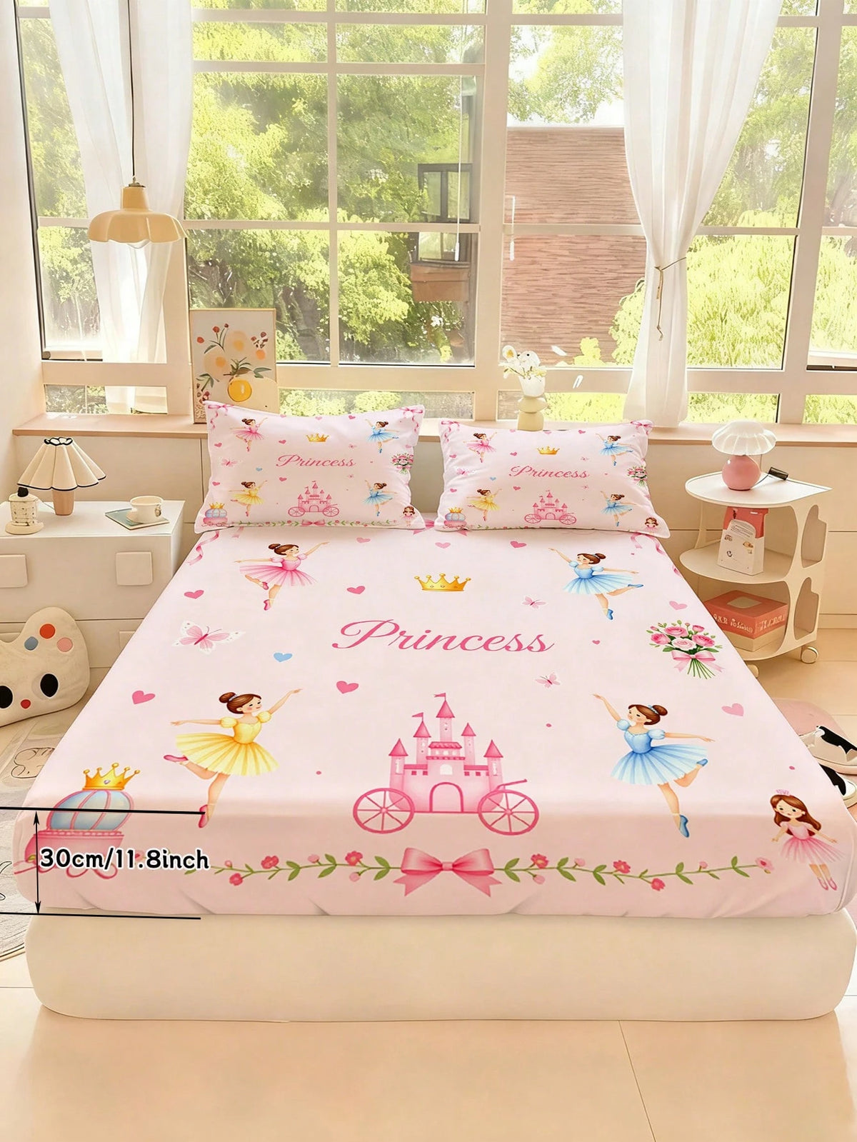 2/3PCS Pink Princess Ballerina Fitted Sheet Set, Castle Crown Print Bedding, Deep Pocket Bed Cover With Pillowcases For Children, Teenagers, Adults, Girls Bedroom