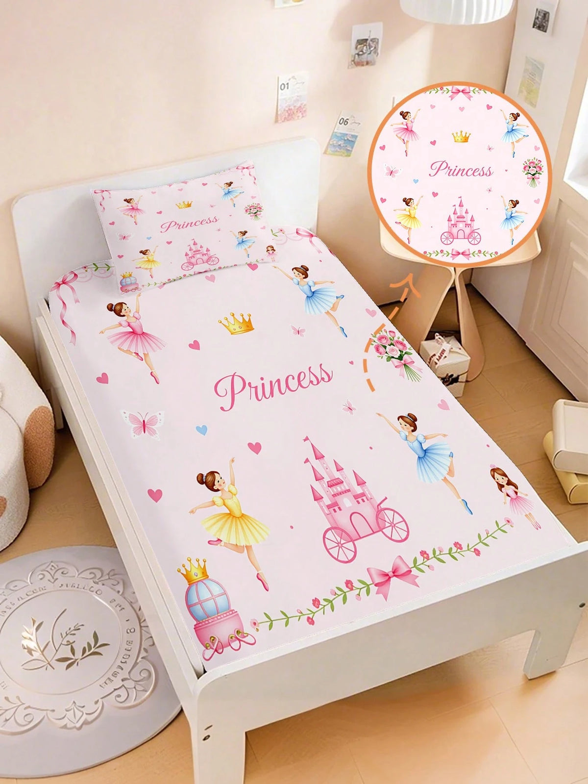 2/3PCS Pink Princess Ballerina Fitted Sheet Set, Castle Crown Print Bedding, Deep Pocket Bed Cover With Pillowcases For Children, Teenagers, Adults, Girls Bedroom