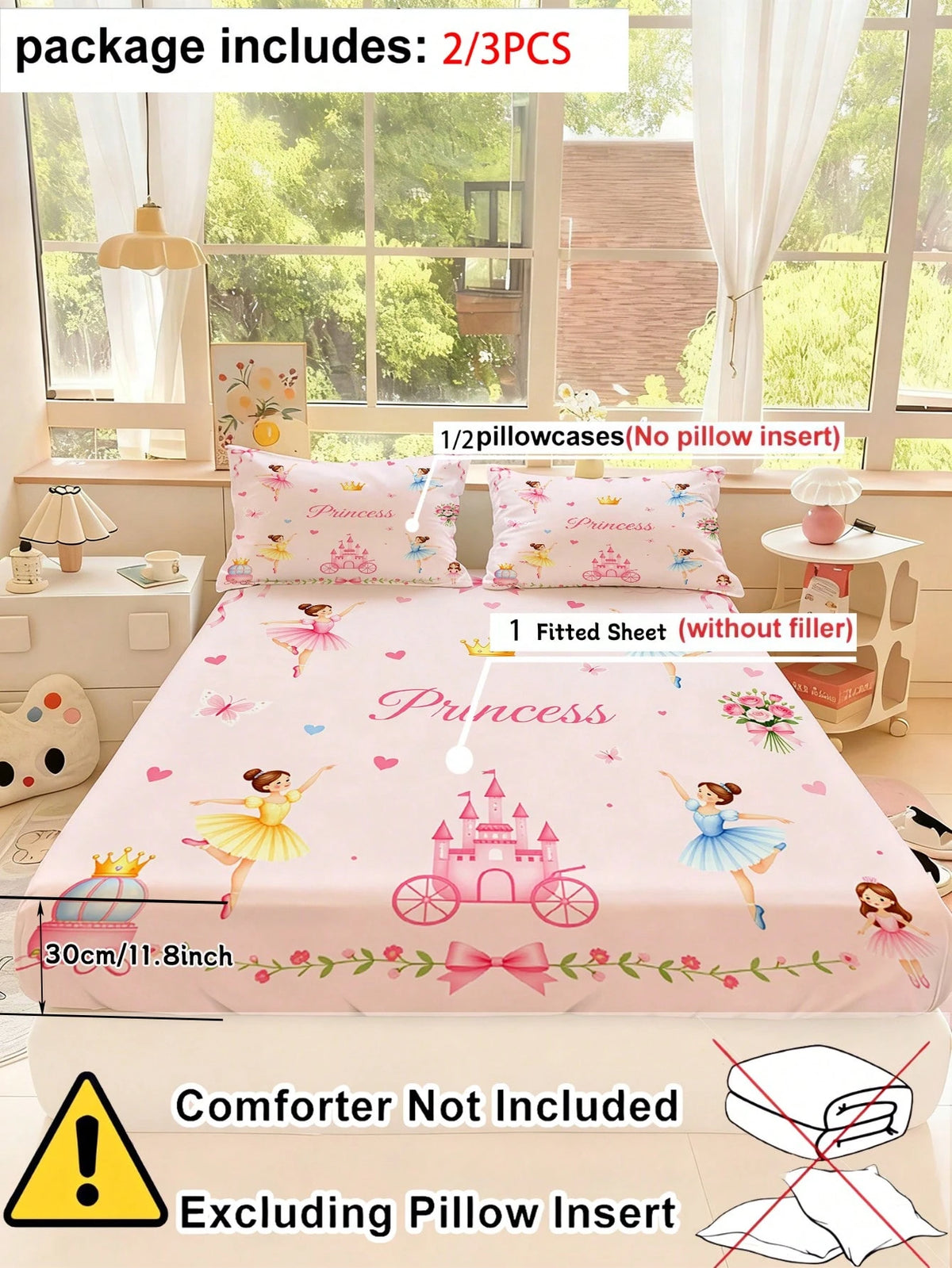 2/3PCS Pink Princess Ballerina Fitted Sheet Set, Castle Crown Print Bedding, Deep Pocket Bed Cover With Pillowcases For Children, Teenagers, Adults, Girls Bedroom