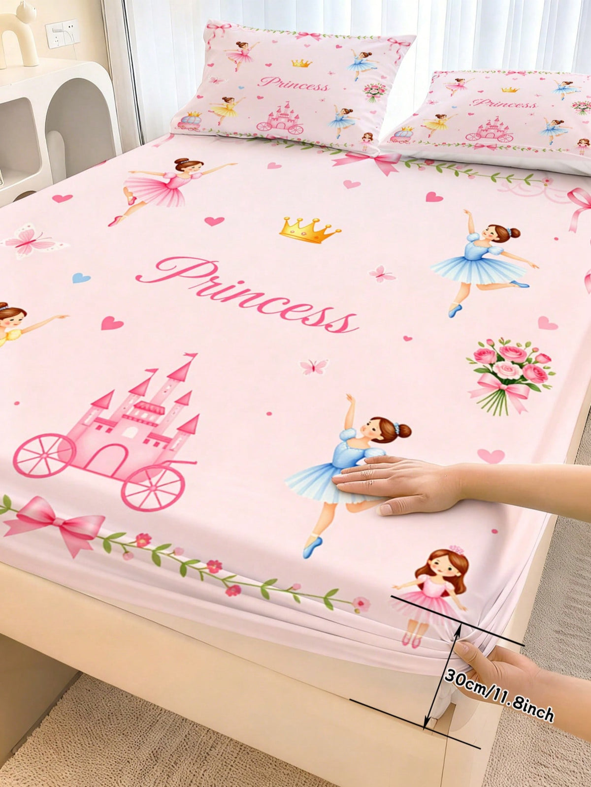 2/3PCS Pink Princess Ballerina Fitted Sheet Set, Castle Crown Print Bedding, Deep Pocket Bed Cover With Pillowcases For Children, Teenagers, Adults, Girls Bedroom