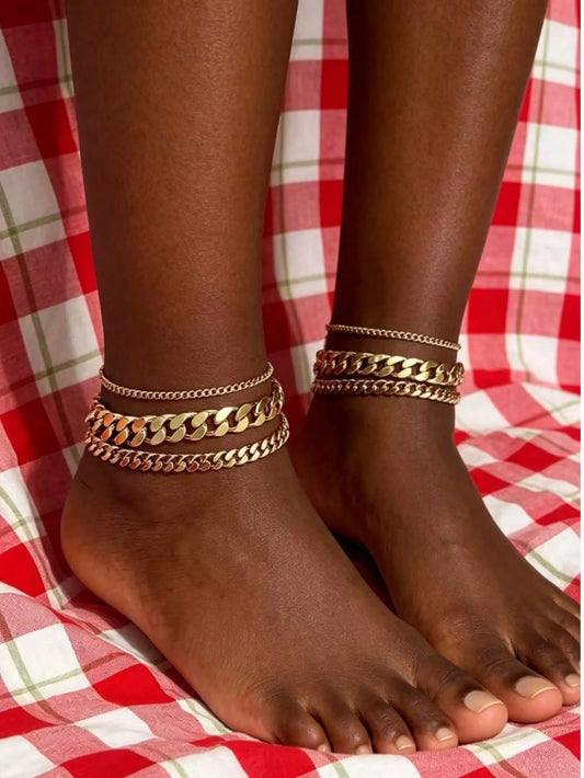 2/3pcs Vintage Fashion Minimalist Double Layer Alloy Chain Anklet, K-Gold Color, AB Cuban Chain, Suitable For Travel, Beach Vacation, Unisex Jewelry Women Accessory