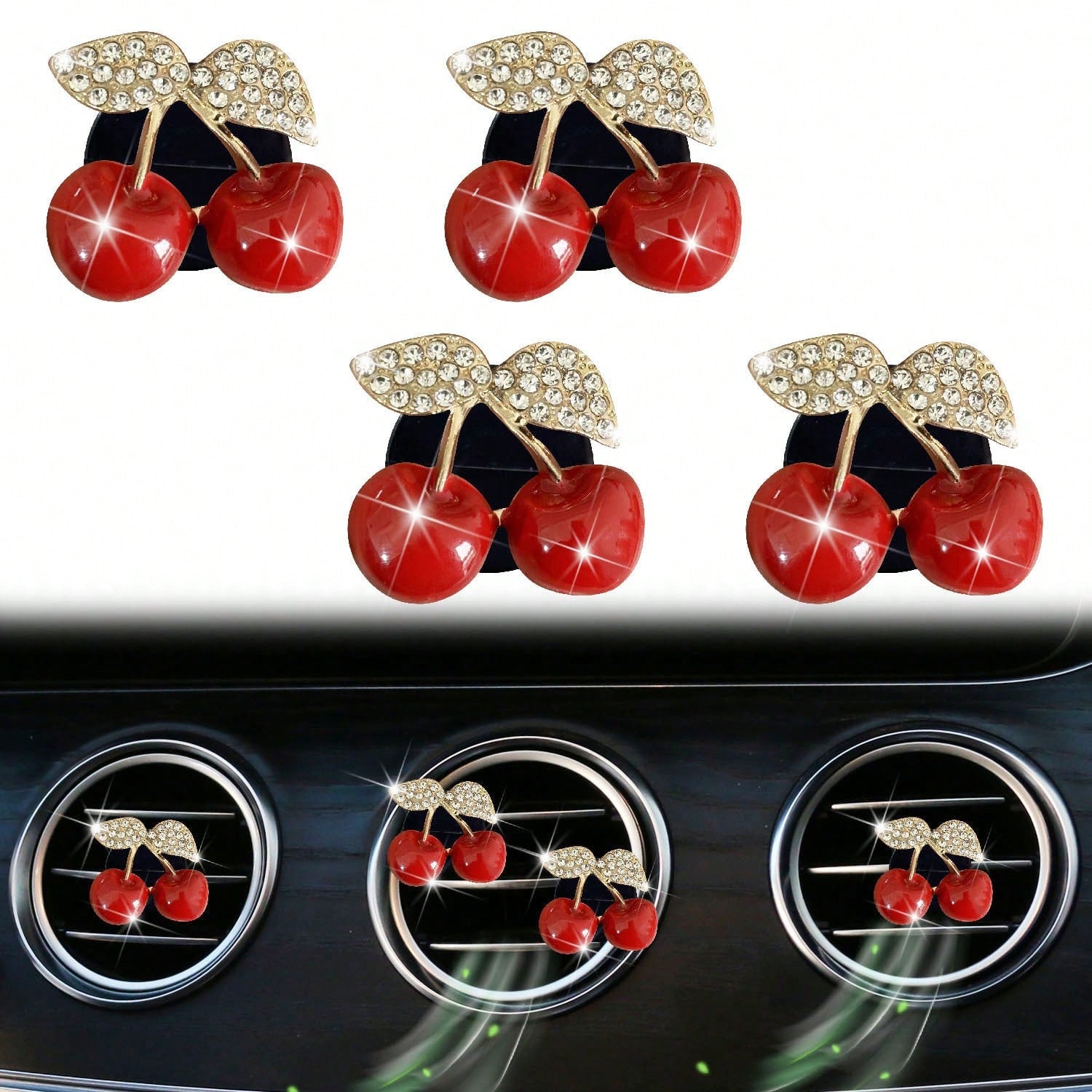 2/4pcs Diamond-Encrusted Cherry Air Vent Decorative Diffuser, Car Air Freshener Fragrance For Women