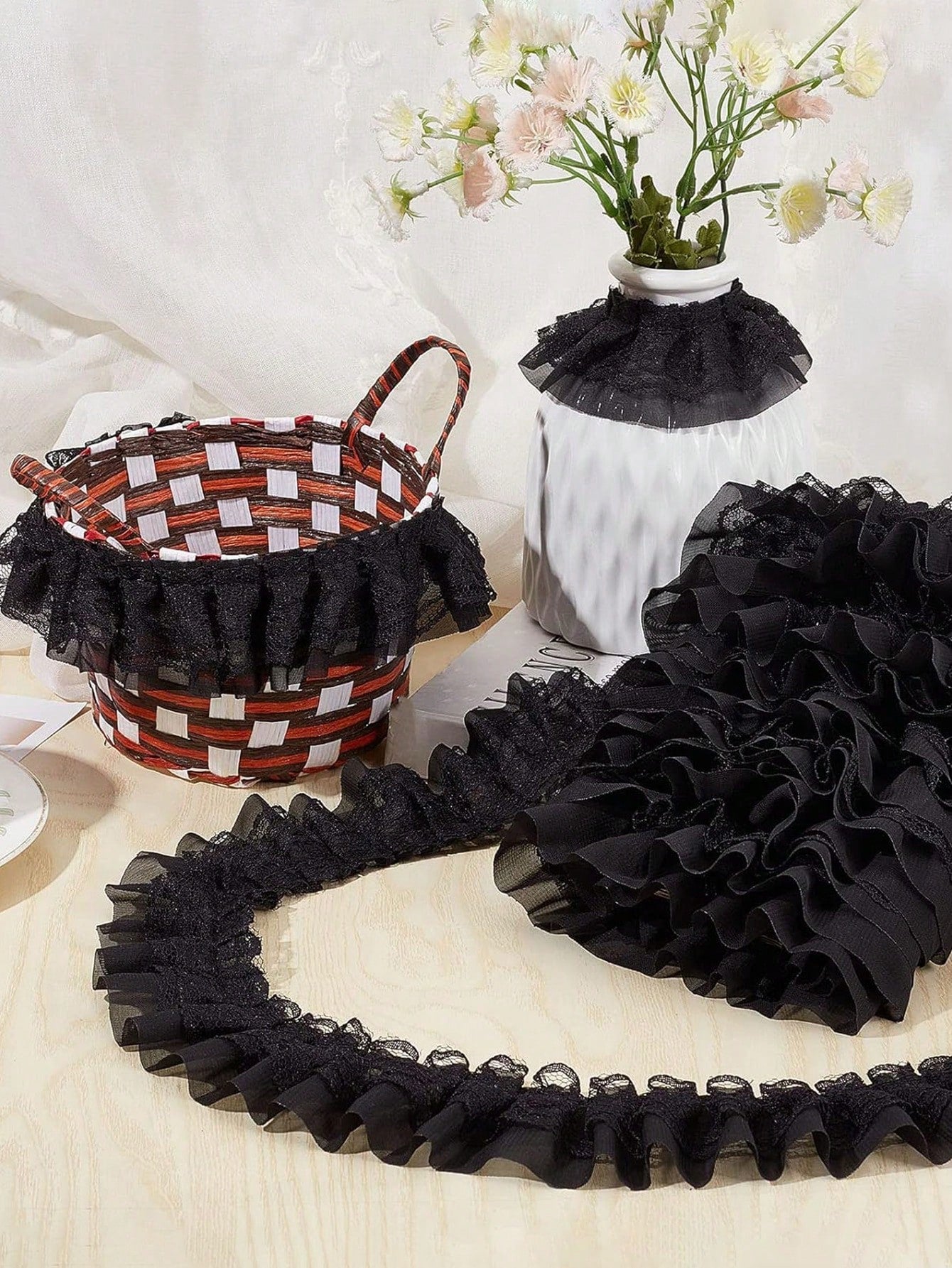 2/5/10Yards Double-Layer Pleated Chiffon Lace Trim 5cm Wide 2-Layer Gathered Ruffle Trim Edging Tulle Trimmings Fabric Ribbon Jacquard Lace For DIY Sewing Crafts Pillowcase Embellishments