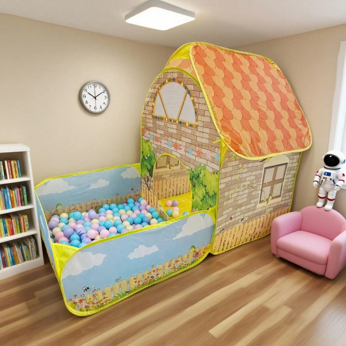 2-In-1 Kids Play Tent With Ball Pit, Cartoon Cottage Playhouse For Toddlers, Foldable Indoor Outdoor Game Tent, With Ocean Ball Pool, Breathable Fabric, Perfect Gift