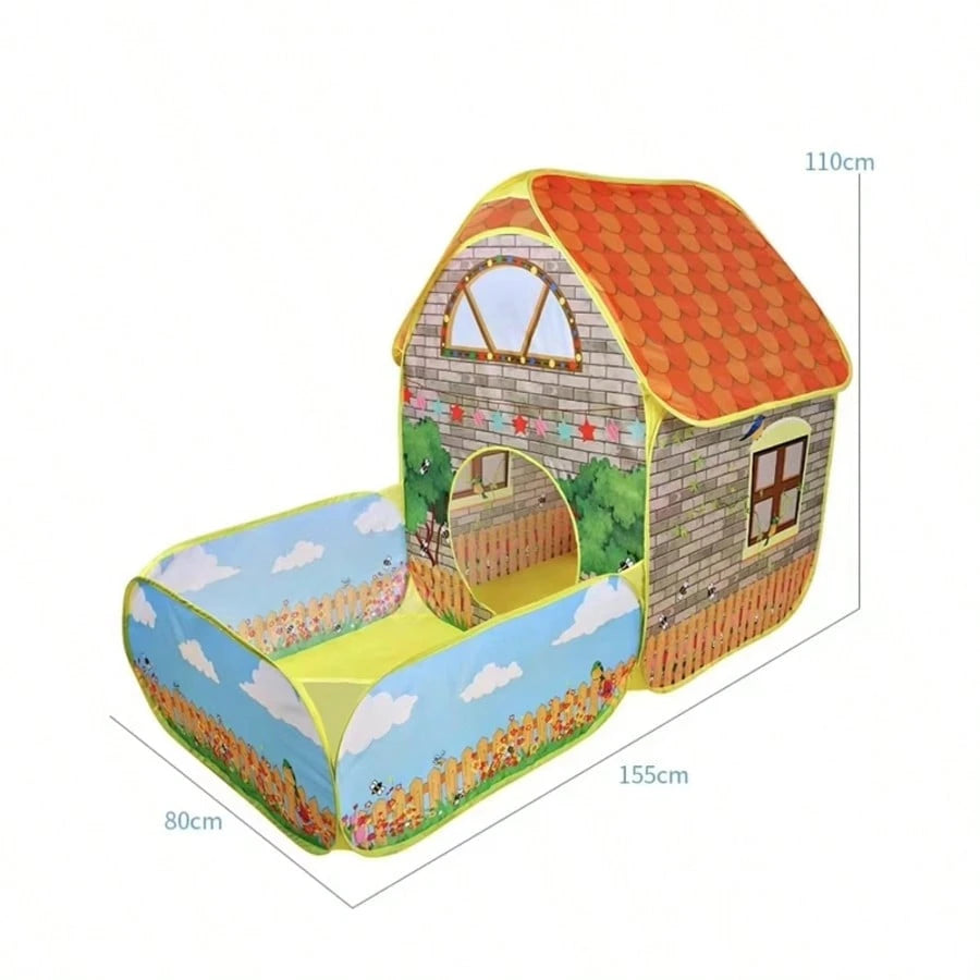 2-In-1 Kids Play Tent With Ball Pit, Cartoon Cottage Playhouse For Toddlers, Foldable Indoor Outdoor Game Tent, With Ocean Ball Pool, Breathable Fabric, Perfect Gift