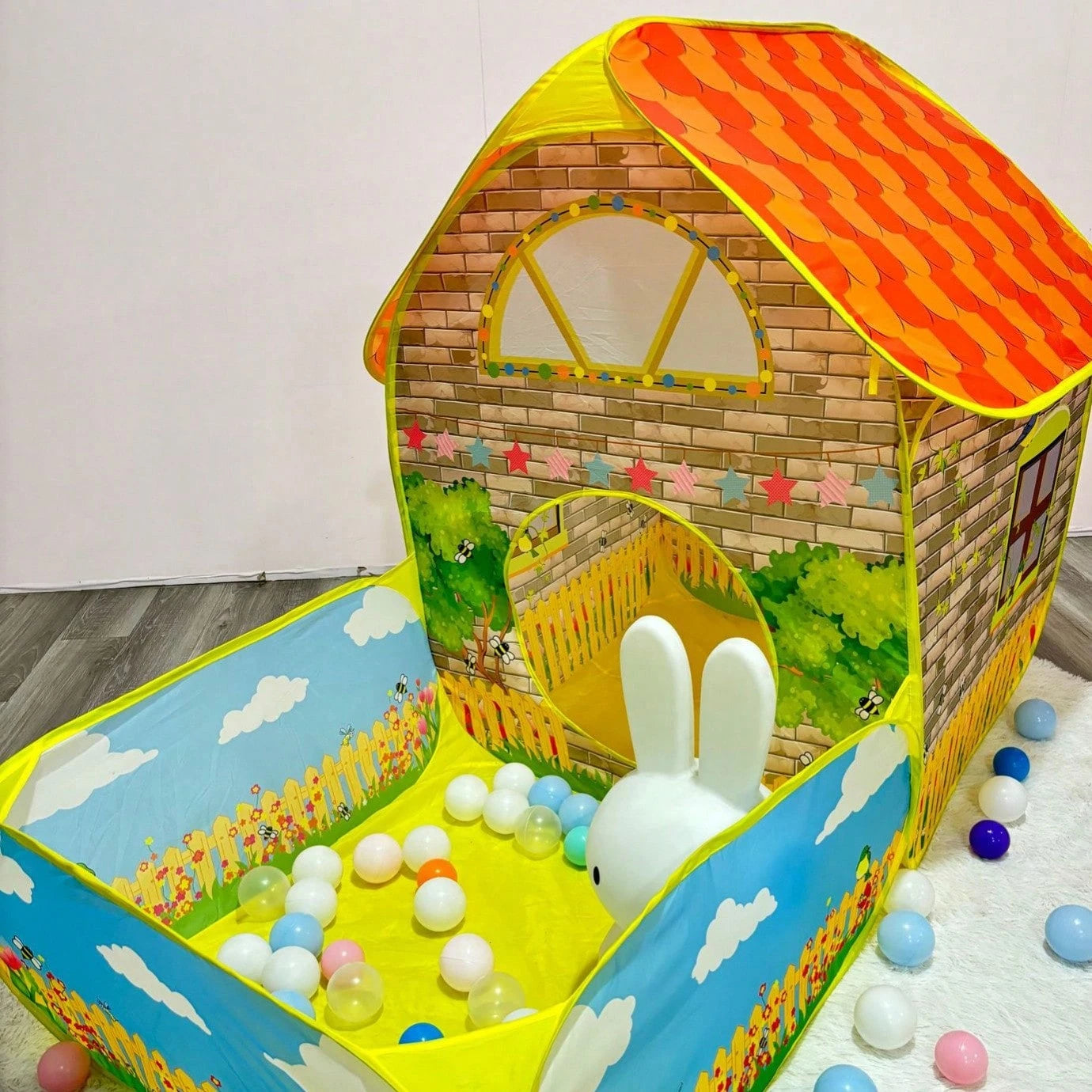 2-In-1 Kids Play Tent With Ball Pit, Cartoon Cottage Playhouse For Toddlers, Foldable Indoor Outdoor Game Tent, With Ocean Ball Pool, Breathable Fabric, Perfect Gift