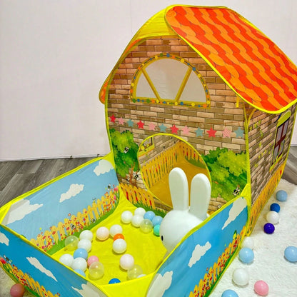 2-In-1 Kids Play Tent With Ball Pit, Cartoon Cottage Playhouse For Toddlers, Foldable Indoor Outdoor Game Tent, With Ocean Ball Pool, Breathable Fabric, Perfect Gift