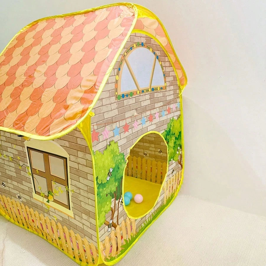 2-In-1 Kids Play Tent With Ball Pit, Cartoon Cottage Playhouse For Toddlers, Foldable Indoor Outdoor Game Tent, With Ocean Ball Pool, Breathable Fabric, Perfect Gift