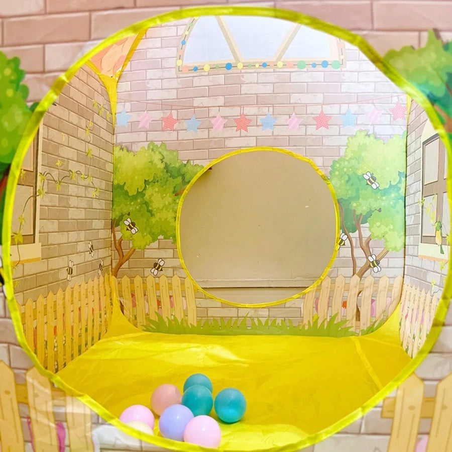 2-In-1 Kids Play Tent With Ball Pit, Cartoon Cottage Playhouse For Toddlers, Foldable Indoor Outdoor Game Tent, With Ocean Ball Pool, Breathable Fabric, Perfect Gift