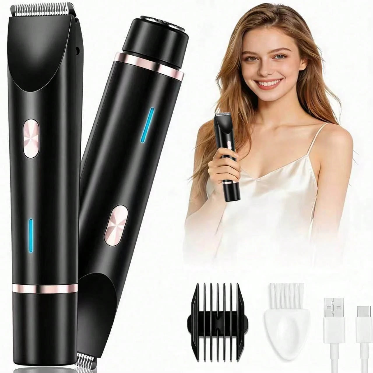2 In 1 Women Electric Razor & Bikini Trimmer, IPX7 Waterproof Wet Dry Shaver With Ceramic Sharp Blade, USB Rechargeable 400mAh Dual Head Hair Trimmer For Face, Underarm, Leg And Pubic Hair, Portable P