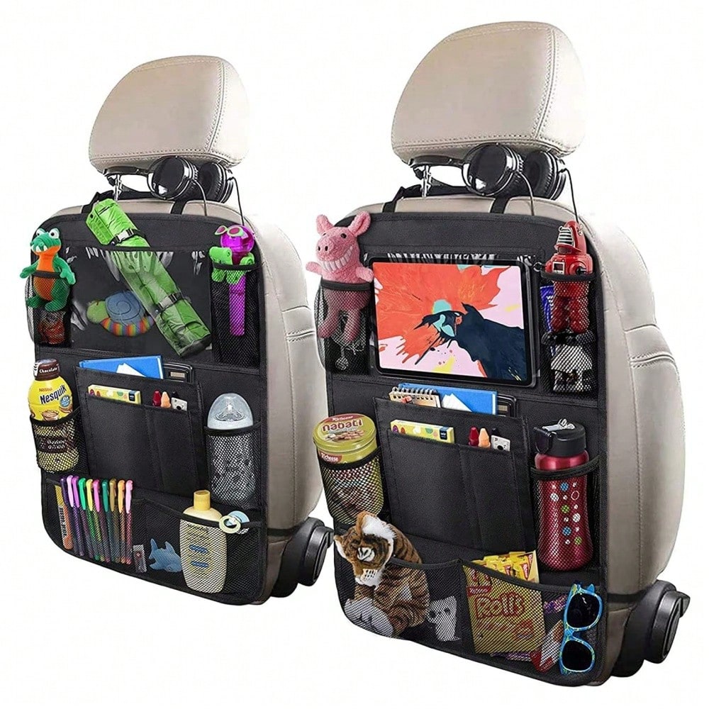 2 Pack Car Backseat Organizer With 10" Table Holder, 9 Storage Pockets Seat Back Protectors Kick Mats For Kids Toddlers, Travel Accessories