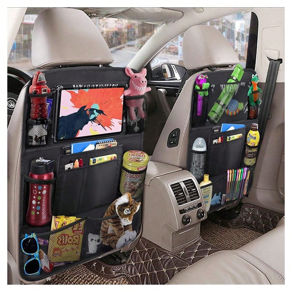 2 Pack Car Backseat Organizer With 10" Table Holder, 9 Storage Pockets Seat Back Protectors Kick Mats For Kids Toddlers, Travel Accessories