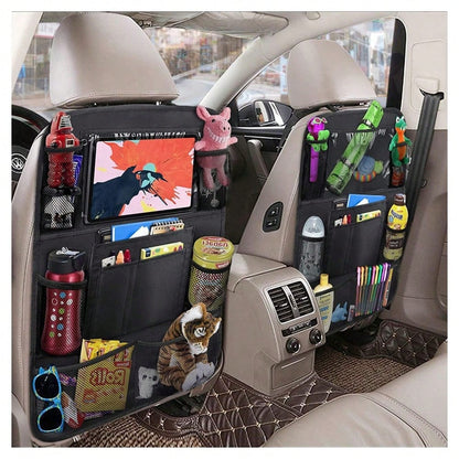 2 Pack Car Backseat Organizer With 10" Table Holder, 9 Storage Pockets Seat Back Protectors Kick Mats For Kids Toddlers, Travel Accessories