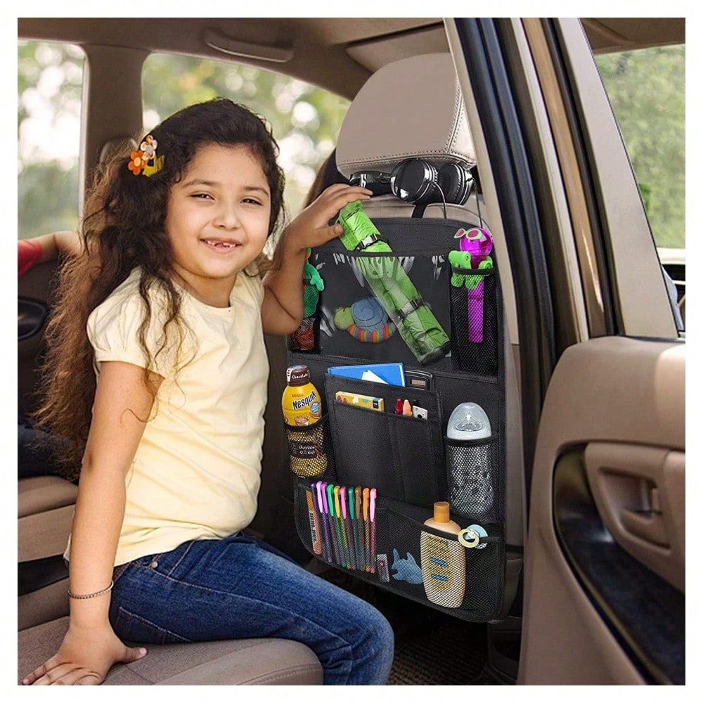 2 Pack Car Backseat Organizer With 10" Table Holder, 9 Storage Pockets Seat Back Protectors Kick Mats For Kids Toddlers, Travel Accessories