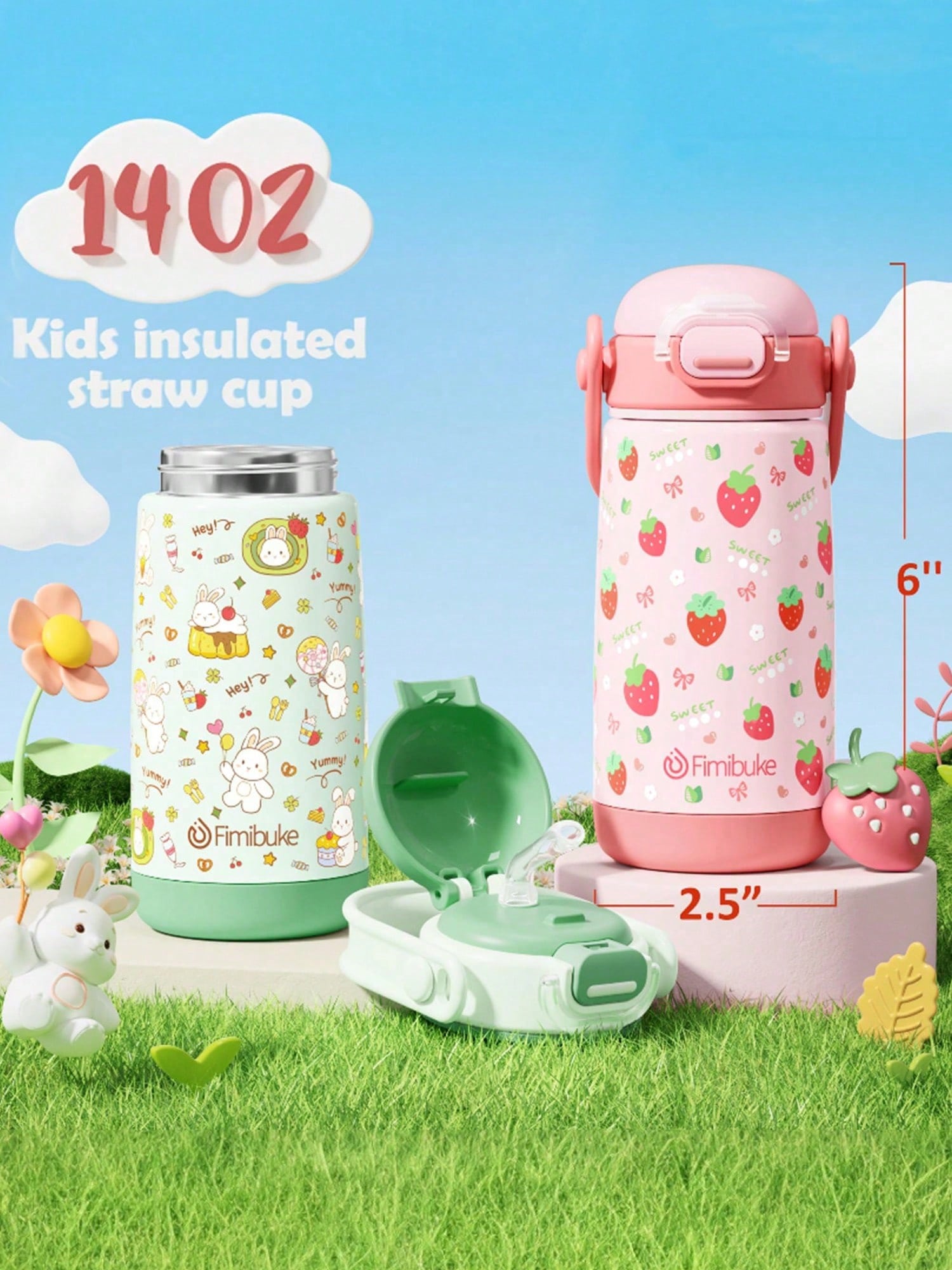 2 Pack Kids Insulated Water Bottle With Straw Lid & Handle- 14oz Stainless Steel Tumbler Leak Proof Double Wall Vacuum Kids Cup For School Boys Girls