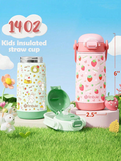 2 Pack Kids Insulated Water Bottle With Straw Lid & Handle- 14oz Stainless Steel Tumbler Leak Proof Double Wall Vacuum Kids Cup For School Boys Girls