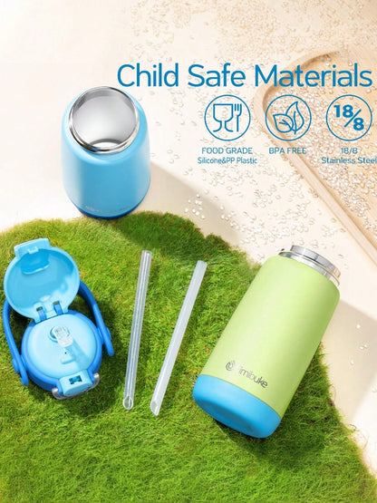 2 Pack Kids Insulated Water Bottle With Straw Lid & Handle- 14oz Stainless Steel Tumbler Leak Proof Double Wall Vacuum Kids Cup For School Boys Girls