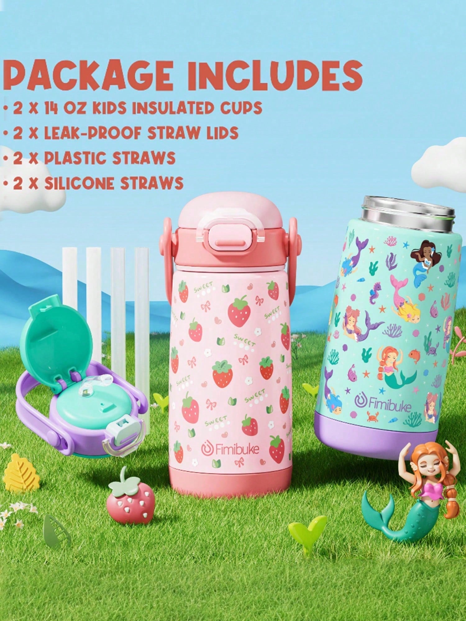 2 Pack Kids Insulated Water Bottle With Straw Lid & Handle- 14oz Stainless Steel Tumbler Leak Proof Double Wall Vacuum Kids Cup For School Boys Girls