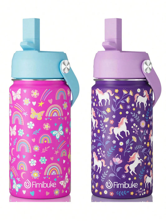 2 Packs Kids Insulated Water Bottle, 14oz Double Wall Vacuum Tumbler Stainless Steel Leak Proof Kids Cups With Straw Water Bottle Back To School