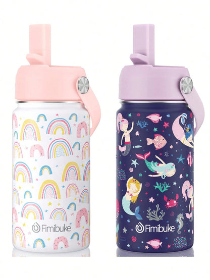 2 Packs Kids Insulated Water Bottle, 14oz Double Wall Vacuum Tumbler Stainless Steel Leak Proof Kids Cups With Straw Water Bottle Back To School
