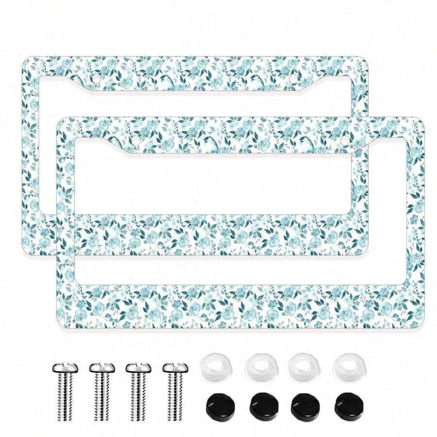 2 Piece Set Of Blue Floral Theme Aluminum License Plate Frames, 6.3x12.2inch, Waterproof, Rustproof,Suitable For All Car Models, Car Acessesories Women, Car Decor, Car Accesssories, License Plate Fram