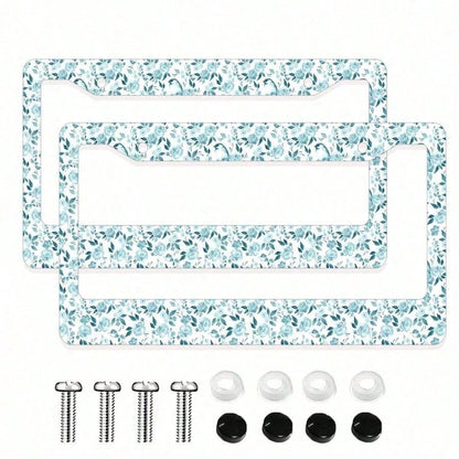 2 Piece Set Of Blue Floral Theme Aluminum License Plate Frames, 6.3x12.2inch, Waterproof, Rustproof,Suitable For All Car Models, Car Acessesories Women, Car Decor, Car Accesssories, License Plate Fram