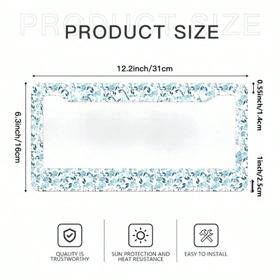 2 Piece Set Of Blue Floral Theme Aluminum License Plate Frames, 6.3x12.2inch, Waterproof, Rustproof,Suitable For All Car Models, Car Acessesories Women, Car Decor, Car Accesssories, License Plate Fram