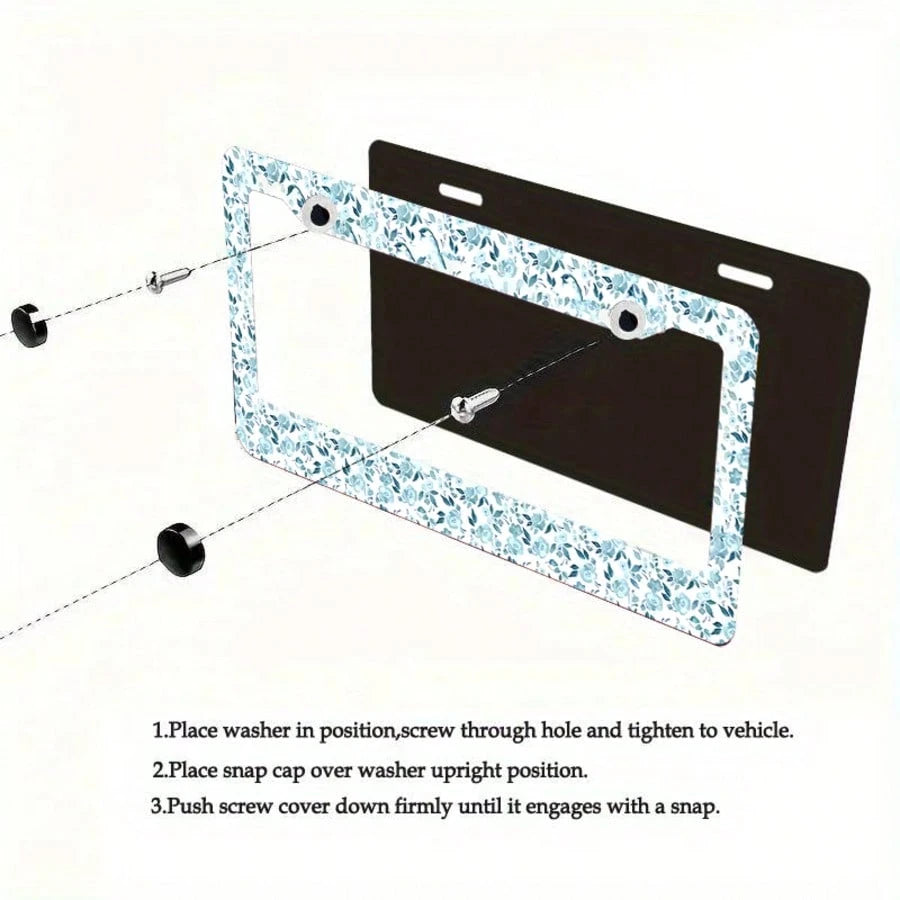 2 Piece Set Of Blue Floral Theme Aluminum License Plate Frames, 6.3x12.2inch, Waterproof, Rustproof,Suitable For All Car Models, Car Acessesories Women, Car Decor, Car Accesssories, License Plate Fram