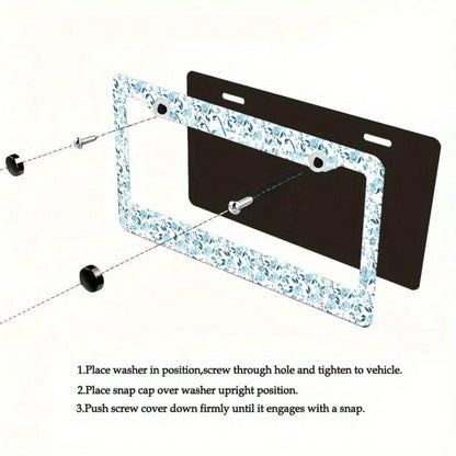 2 Piece Set Of Blue Floral Theme Aluminum License Plate Frames, 6.3x12.2inch, Waterproof, Rustproof,Suitable For All Car Models, Car Acessesories Women, Car Decor, Car Accesssories, License Plate Fram