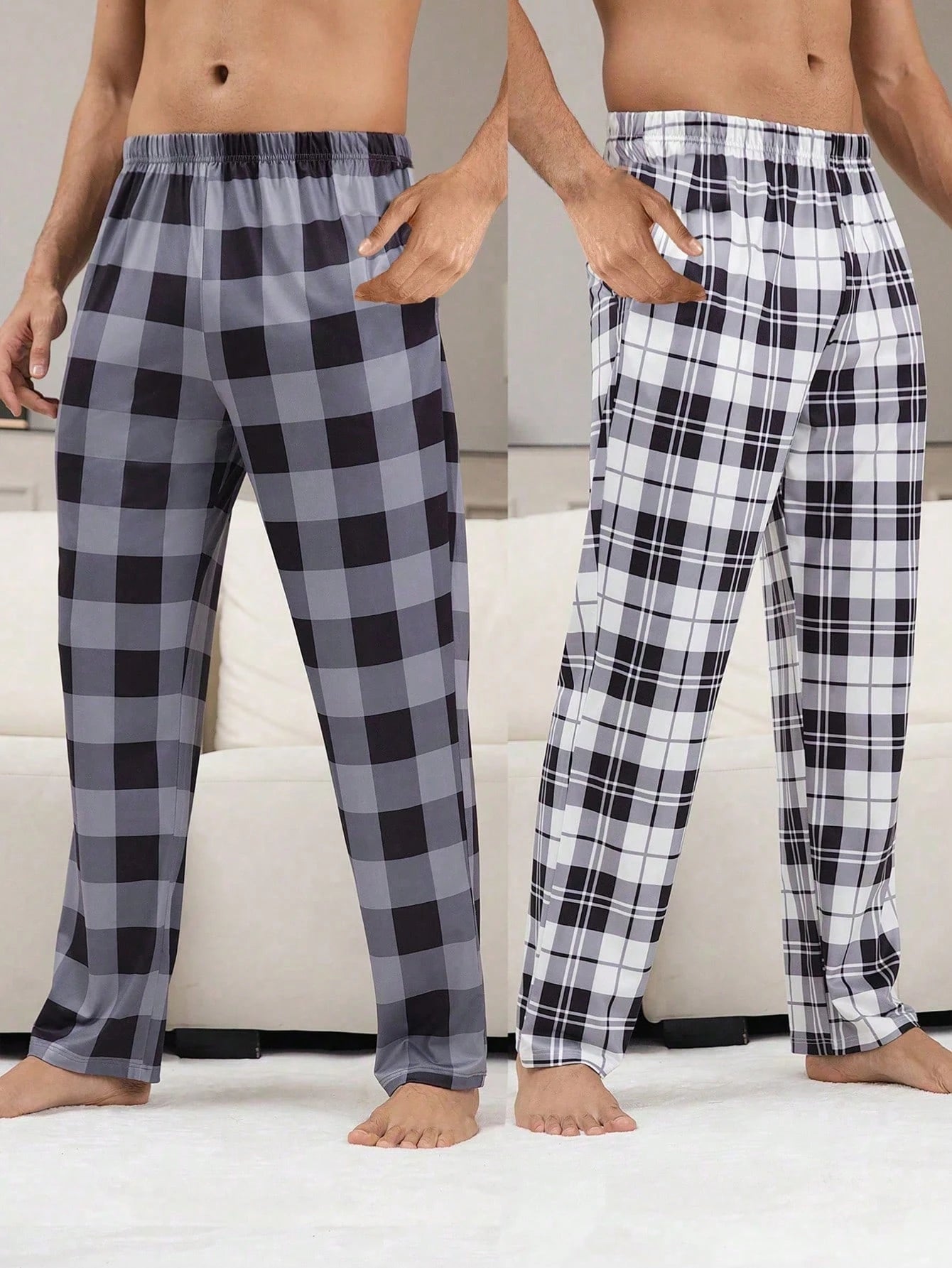 2 Pieces/Set Casual Plaid Home Pants For Men, Autumn And Winter Clothing