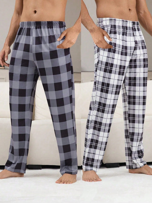 2 Pieces/Set Casual Plaid Home Pants For Men, Autumn And Winter Clothing