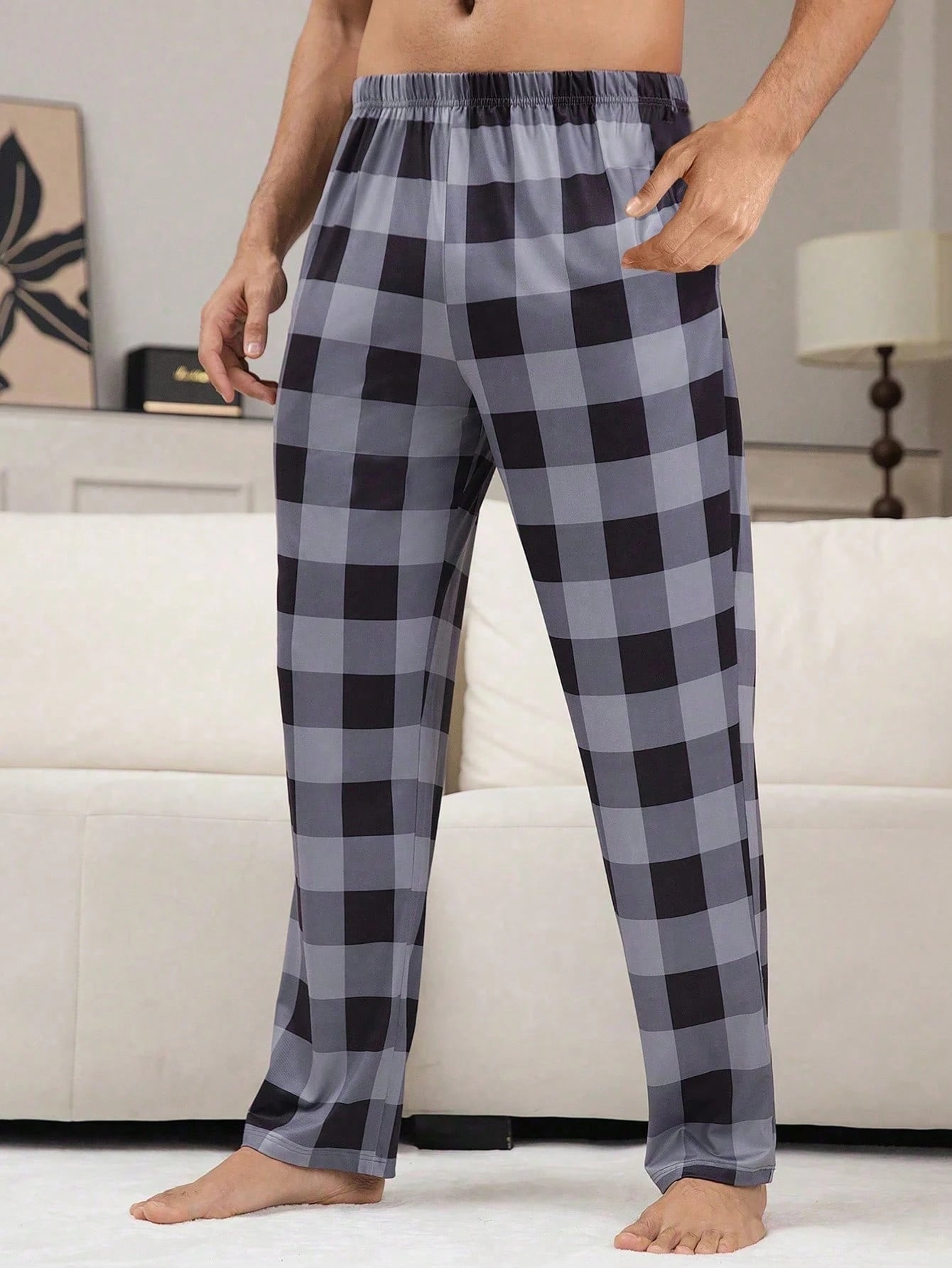 2 Pieces/Set Casual Plaid Home Pants For Men, Autumn And Winter Clothing