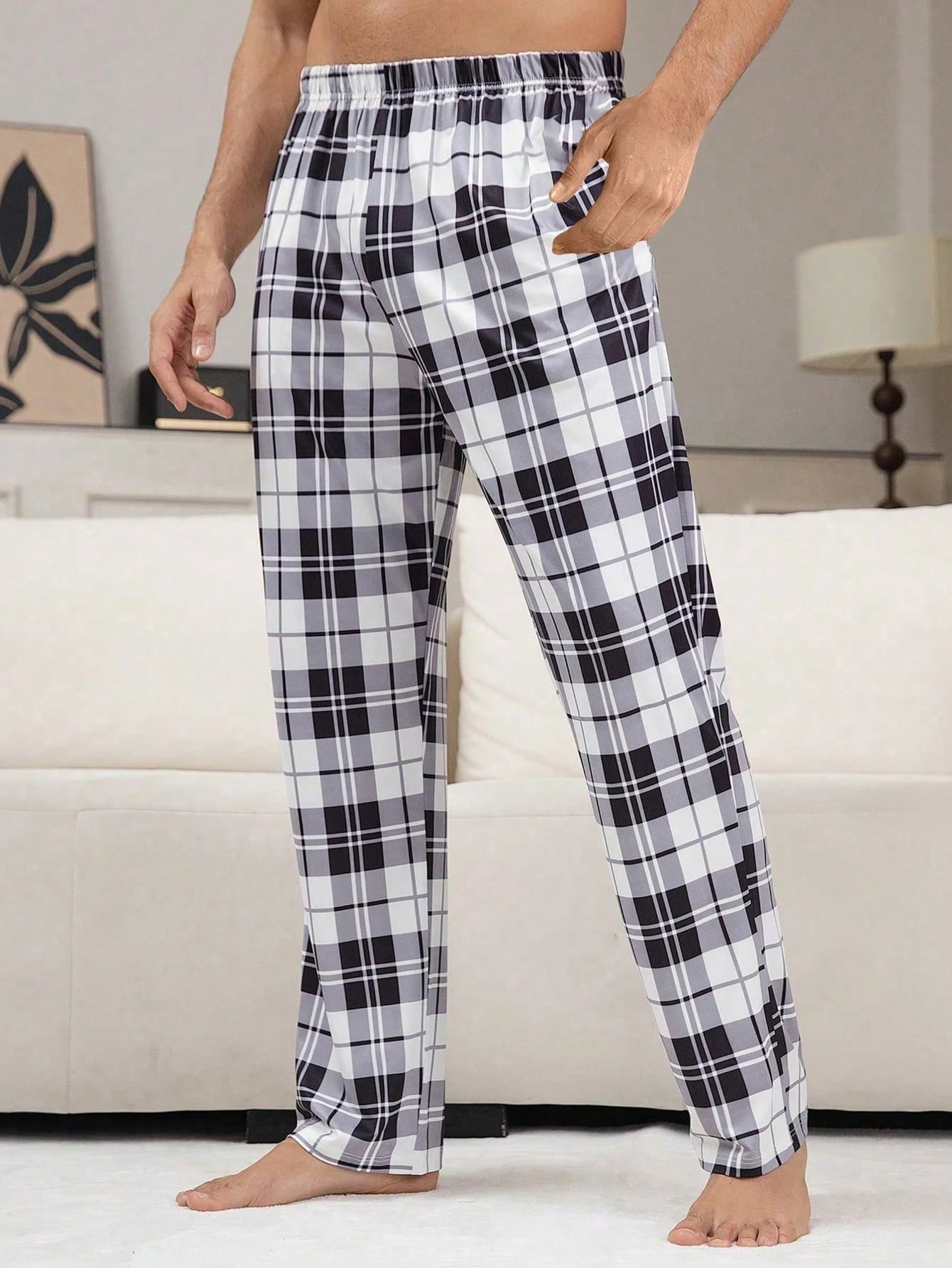 2 Pieces/Set Casual Plaid Home Pants For Men, Autumn And Winter Clothing