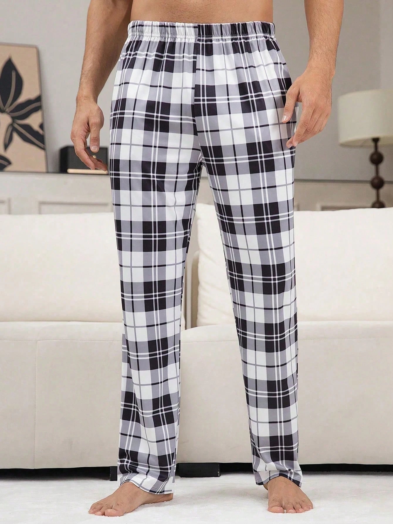 2 Pieces/Set Casual Plaid Home Pants For Men, Autumn And Winter Clothing