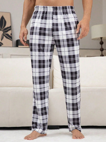 2 Pieces/Set Casual Plaid Home Pants For Men, Autumn And Winter Clothing
