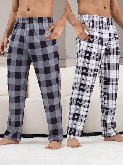 2 Pieces/Set Casual Plaid Home Pants For Men, Autumn And Winter Clothing