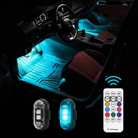 2 RGB LED Portable Party Lights-Wireless Remote Control, 8 Customizable Colors, Rechargeable Car Footwell Lights, Chassis Ambient Light Kit, Essential Car Strobe Lights, Suitable For SUVs, Trucks, Mo