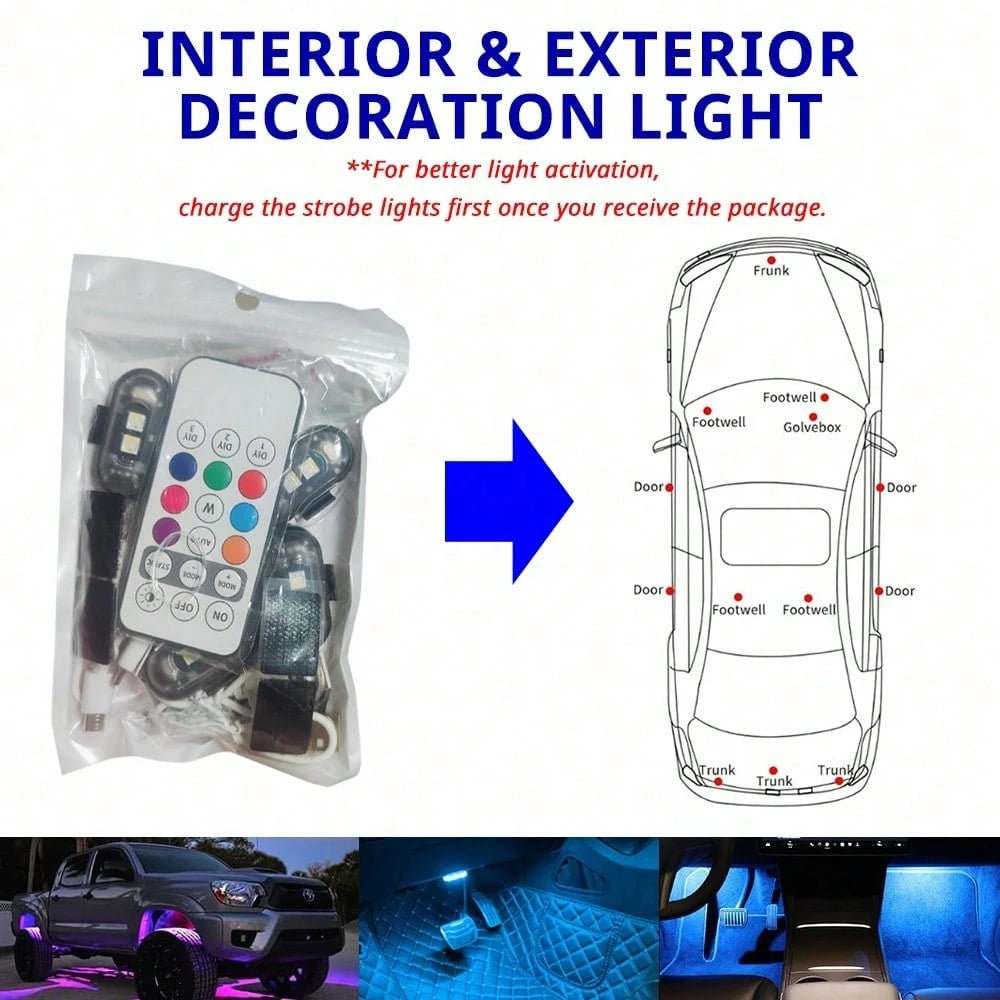 2 RGB LED Portable Party Lights-Wireless Remote Control, 8 Customizable Colors, Rechargeable Car Footwell Lights, Chassis Ambient Light Kit, Essential Car Strobe Lights, Suitable For SUVs, Trucks, Mo