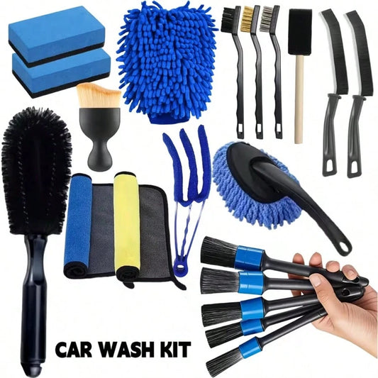 20/16/12/6pcs All-In-One Car & Motorcycle Cleaning Kit: Dusting Brush, Wheel Brush, Short Handle Cleaning Brush, Blue Air Vent Brush, Long Handle Cleaning Brush, Glove, Blue Microfiber Cloth, Deep Pol