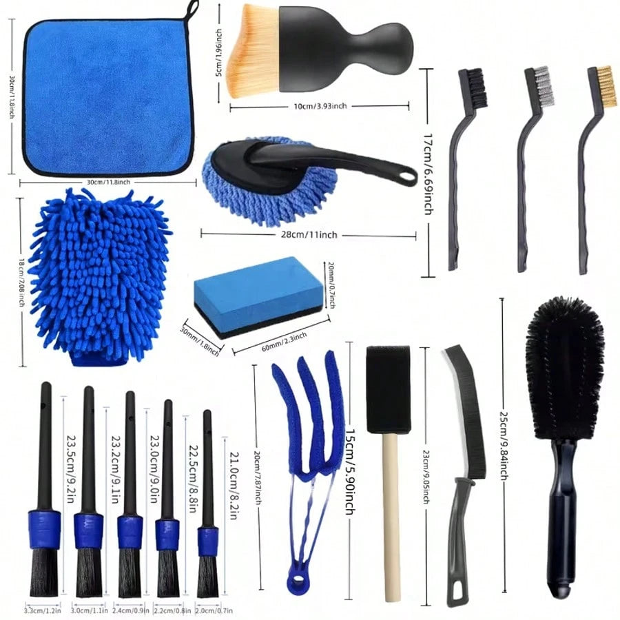 20/16/12/6pcs All-In-One Car & Motorcycle Cleaning Kit: Dusting Brush, Wheel Brush, Short Handle Cleaning Brush, Blue Air Vent Brush, Long Handle Cleaning Brush, Glove, Blue Microfiber Cloth, Deep Pol