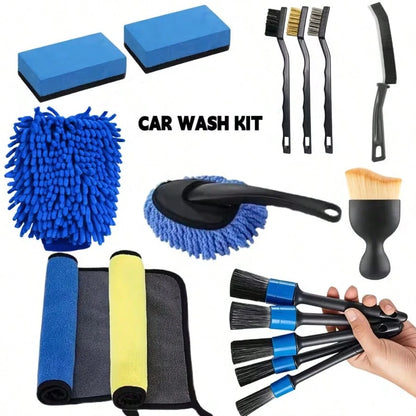 20/16/12/6pcs All-In-One Car & Motorcycle Cleaning Kit: Dusting Brush, Wheel Brush, Short Handle Cleaning Brush, Blue Air Vent Brush, Long Handle Cleaning Brush, Glove, Blue Microfiber Cloth, Deep Pol