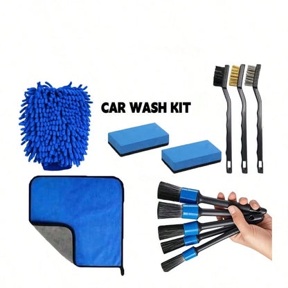 20/16/12/6pcs All-In-One Car & Motorcycle Cleaning Kit: Dusting Brush, Wheel Brush, Short Handle Cleaning Brush, Blue Air Vent Brush, Long Handle Cleaning Brush, Glove, Blue Microfiber Cloth, Deep Pol