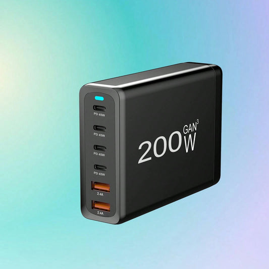 200W GAN 6-Port PD Charging Station: Portable Charger For Multiple Devices – USB C Charger With AC Extension Cord| Local Warehouse Suitable For Multiple People Charging, Multiple Devices Charging, Ho
