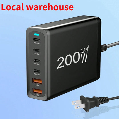 200W GAN 6-Port PD Charging Station: Portable Charger For Multiple Devices – USB C Charger With AC Extension Cord| Local Warehouse Suitable For Multiple People Charging, Multiple Devices Charging, Ho