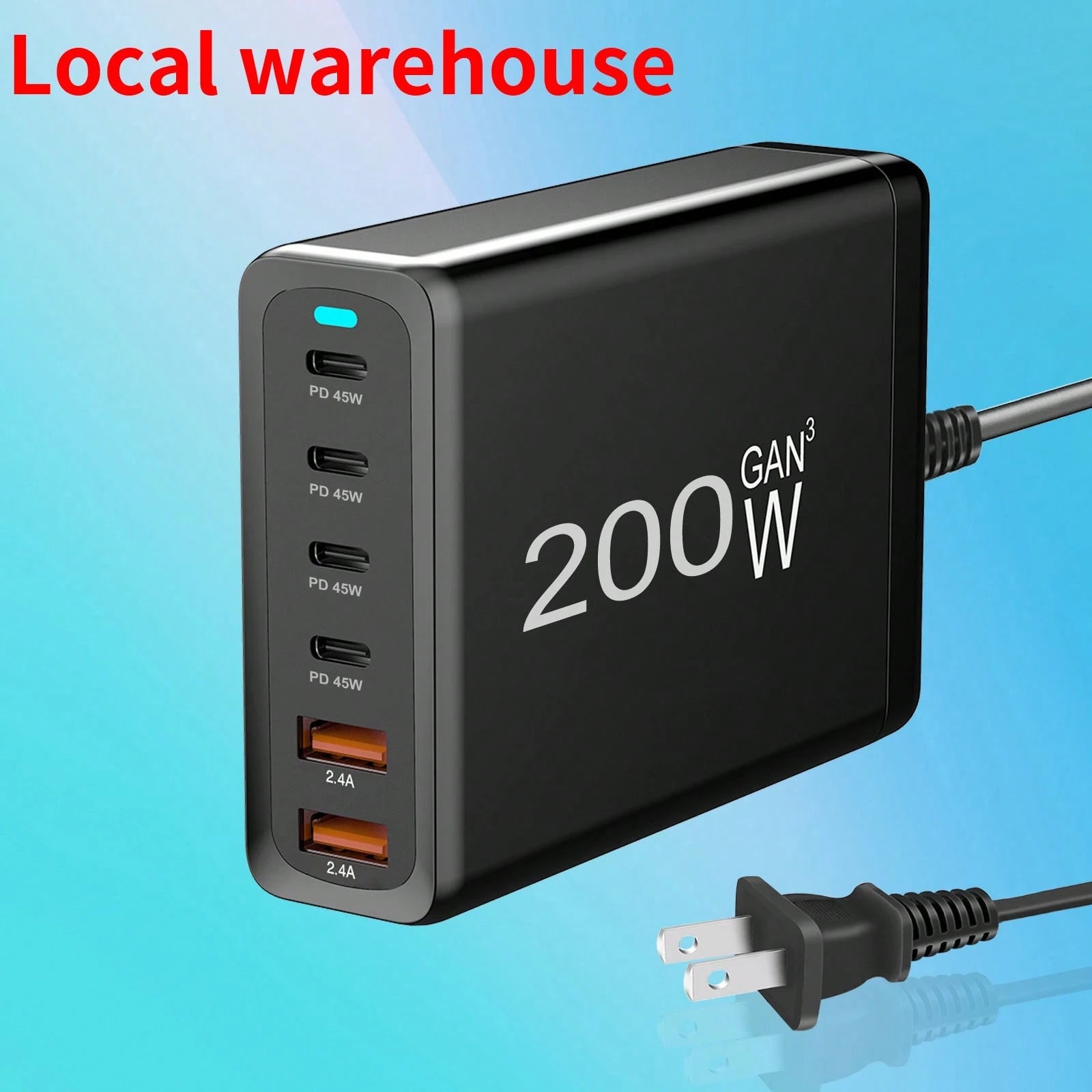200W GAN 6-Port PD Charging Station: Portable Charger For Multiple Devices – USB C Charger With AC Extension Cord| Local Warehouse Suitable For Multiple People Charging, Multiple Devices Charging, Ho